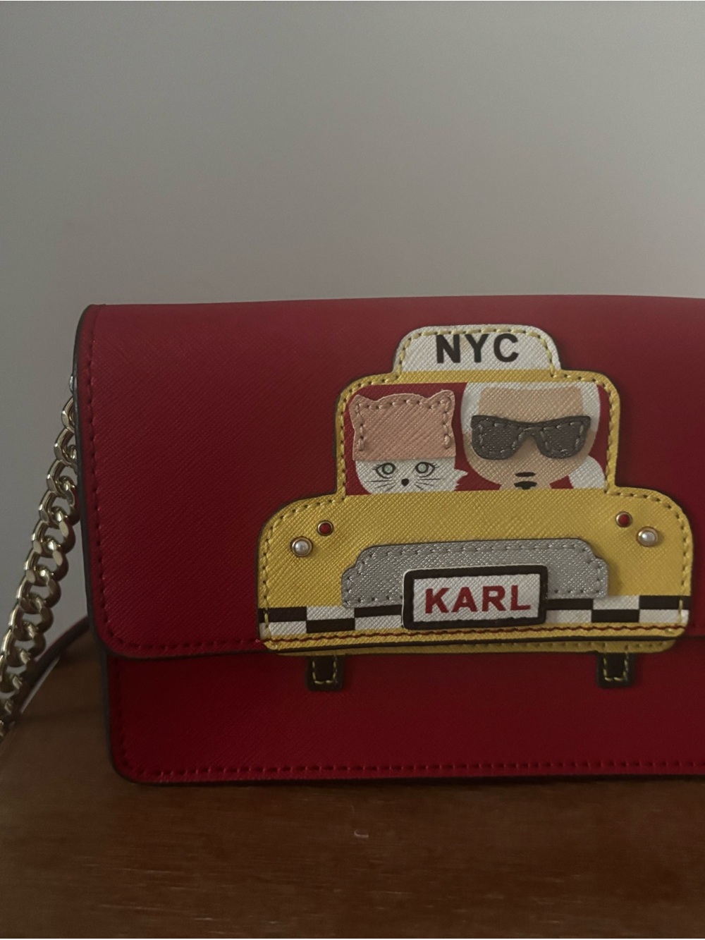 Karl Lagerfeld Red Leather Crossbody with Yellow Taxi Patch